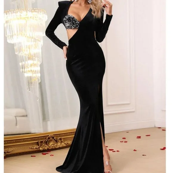 Black elegant Womens Contrast Sequins Asymmetrical Neck Split Thigh Velvet Dress - Picture 3 of 9
